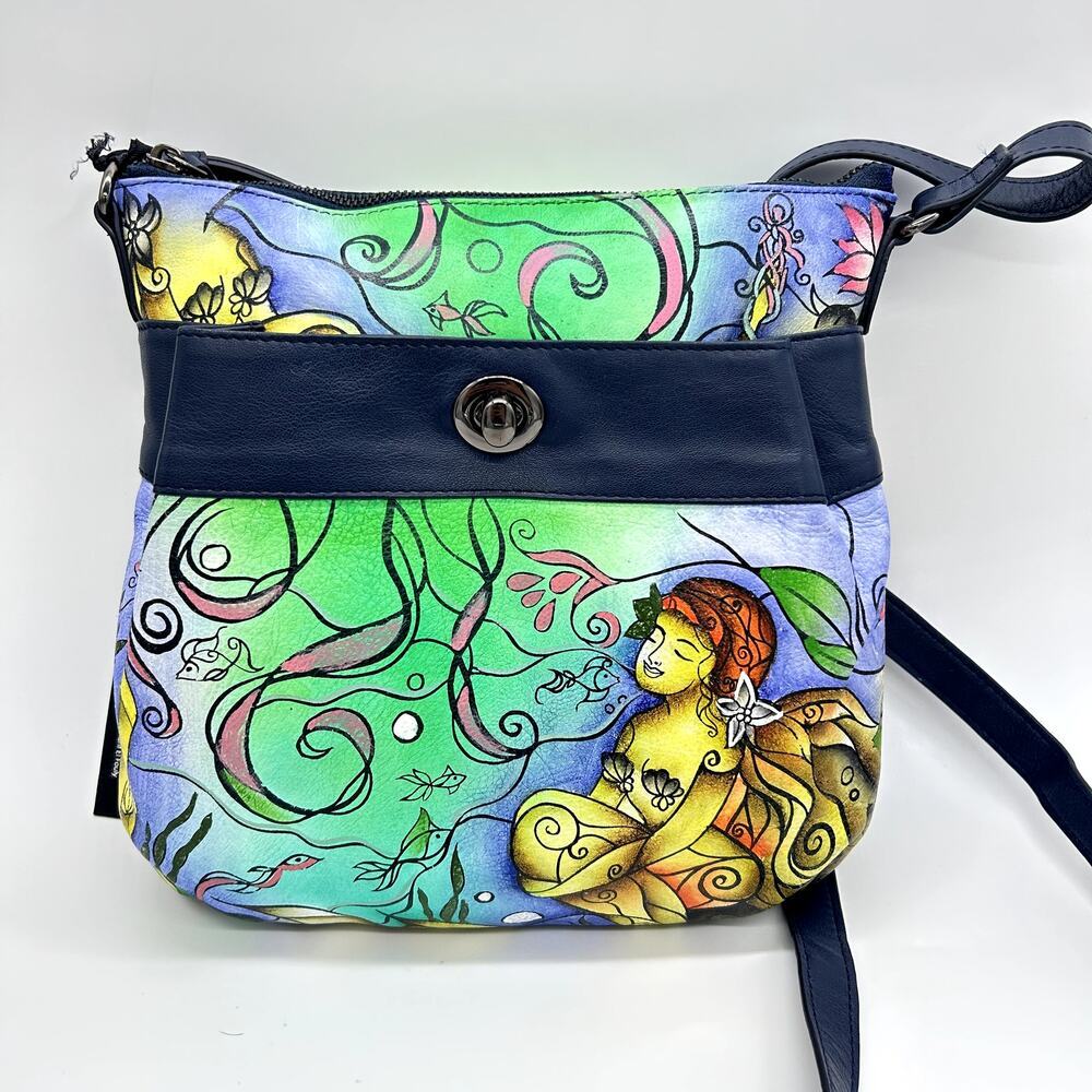 NWT Sharif 1827 Mermaid Bag Handpainted Boho Unique Blue Leather Purse Crossbody